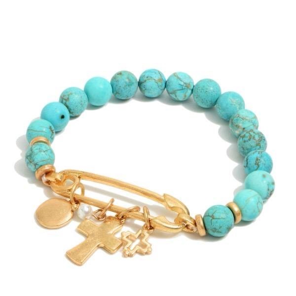Natural Stone Beaded Safety Pin Cross Charm Bracelet 8$